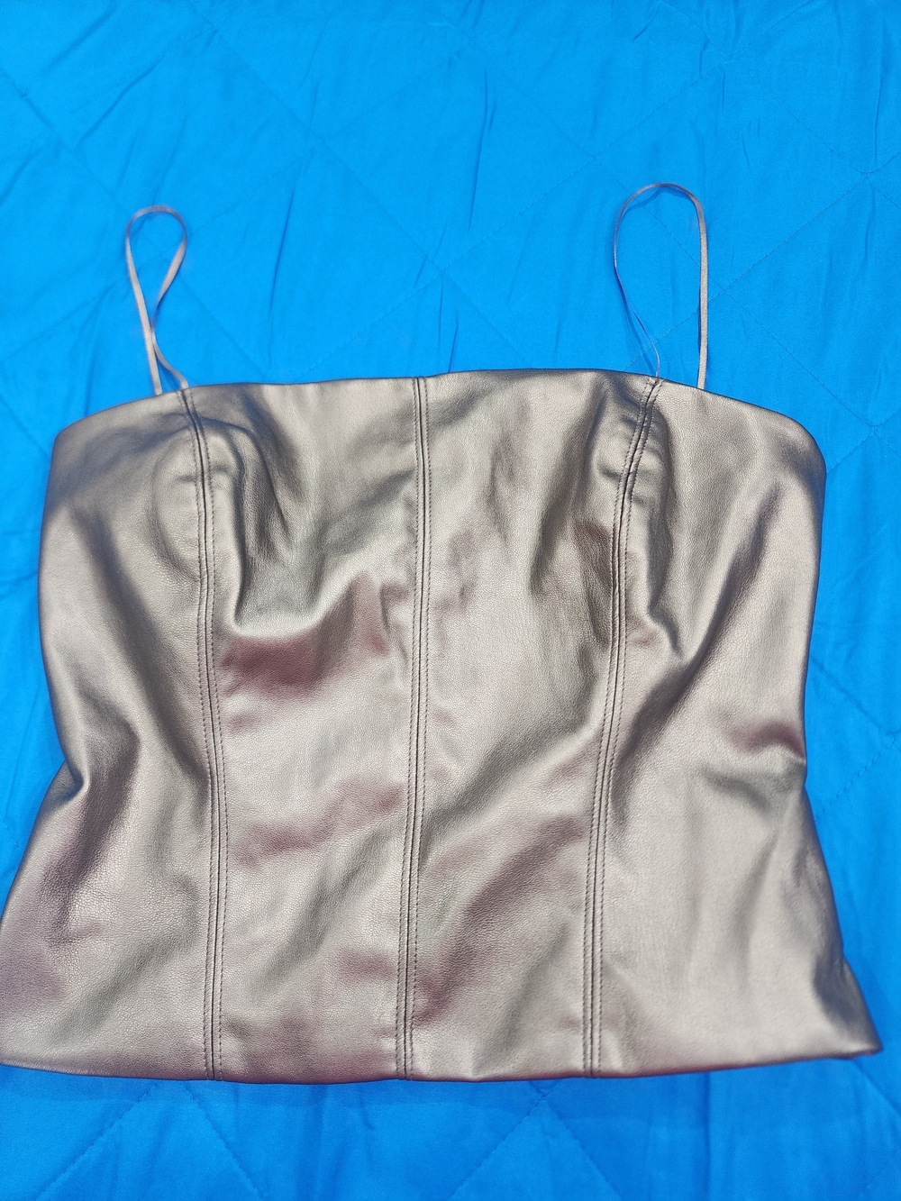 Metallic Brown Faux-Leather Spaghetti Strap Bustier Top